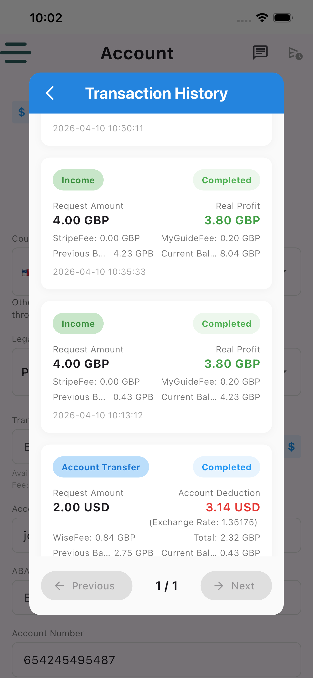 Settlement and transaction history screen